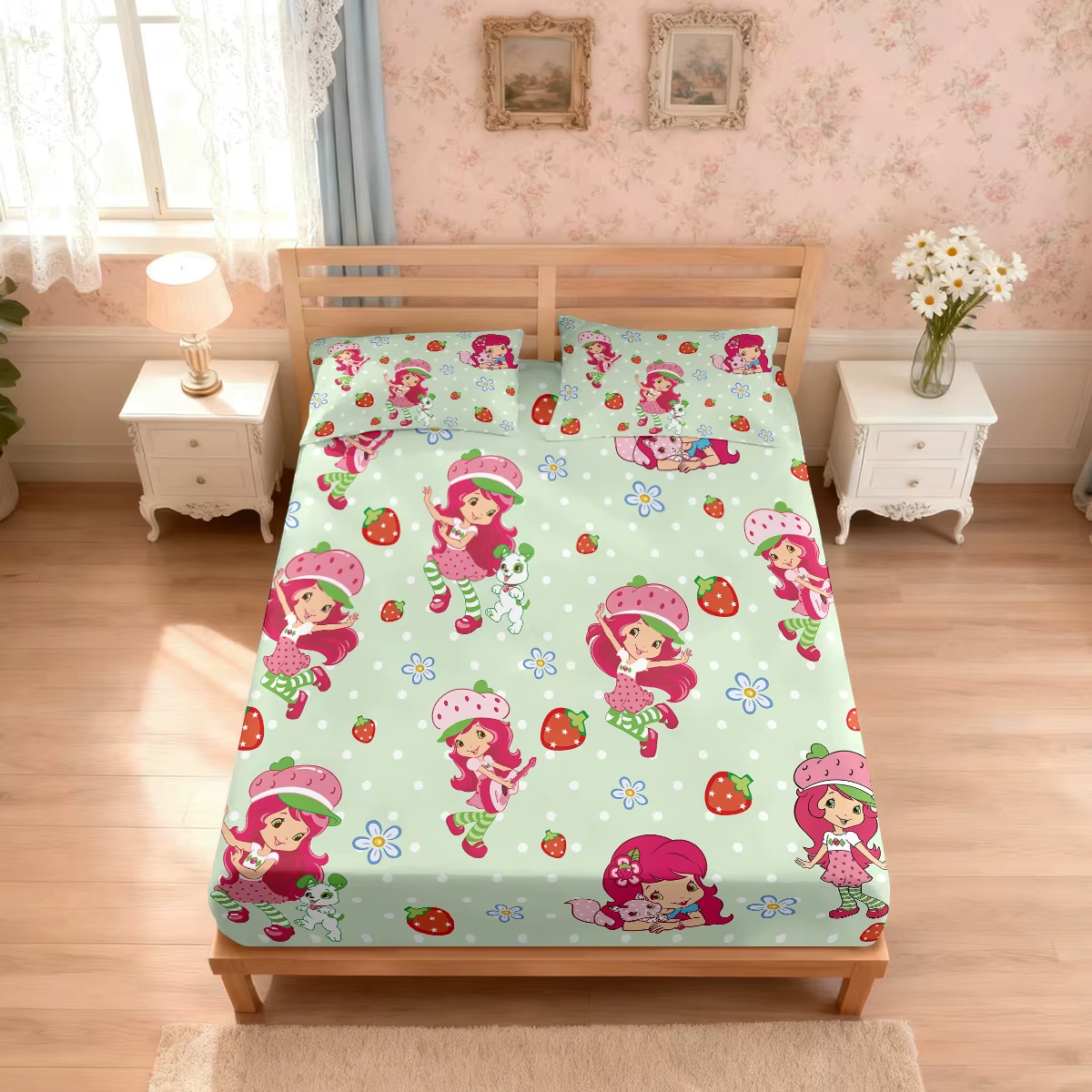 Ensemble de draps de lit rose fraise pour fille, 3 pièces, couvre-lit multi-tailles, décoration de c