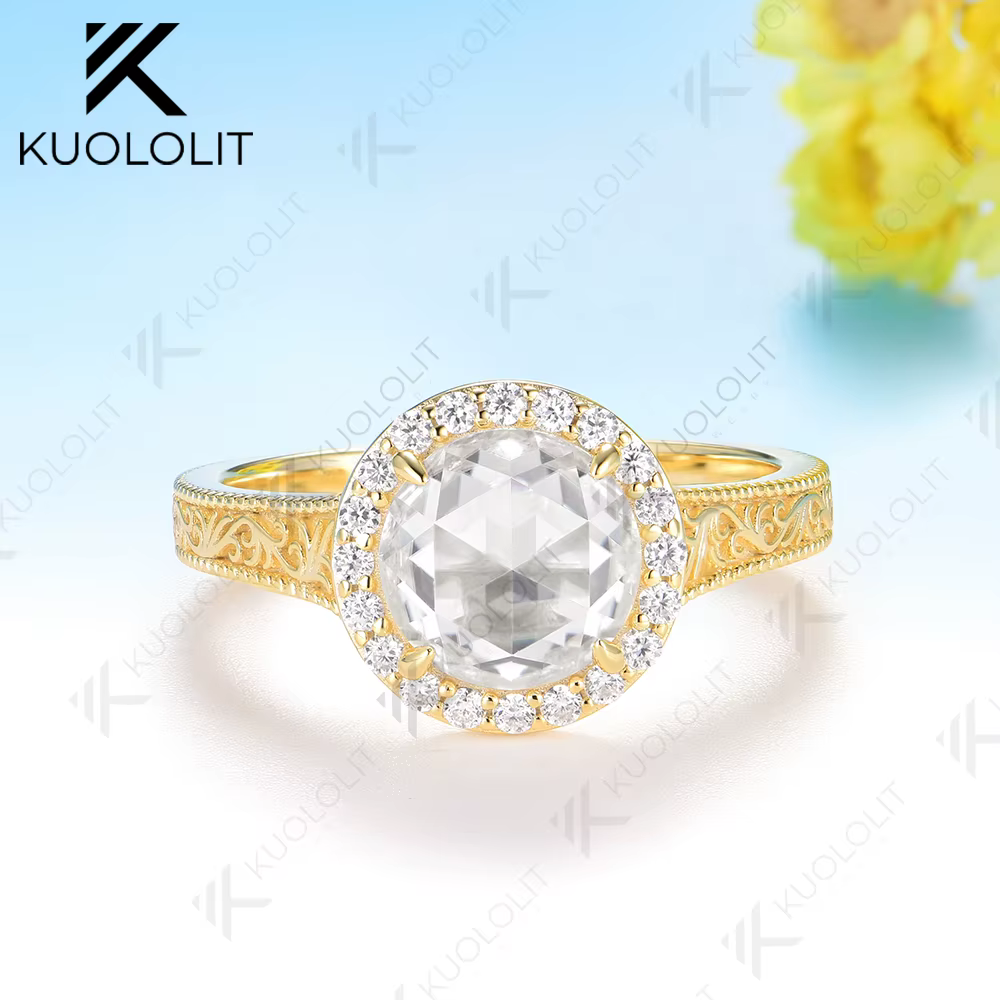Kuololit 2CT bague Moissanite ronde coupe Rose pour femmes bague de fiançailles en or jaune massif 1