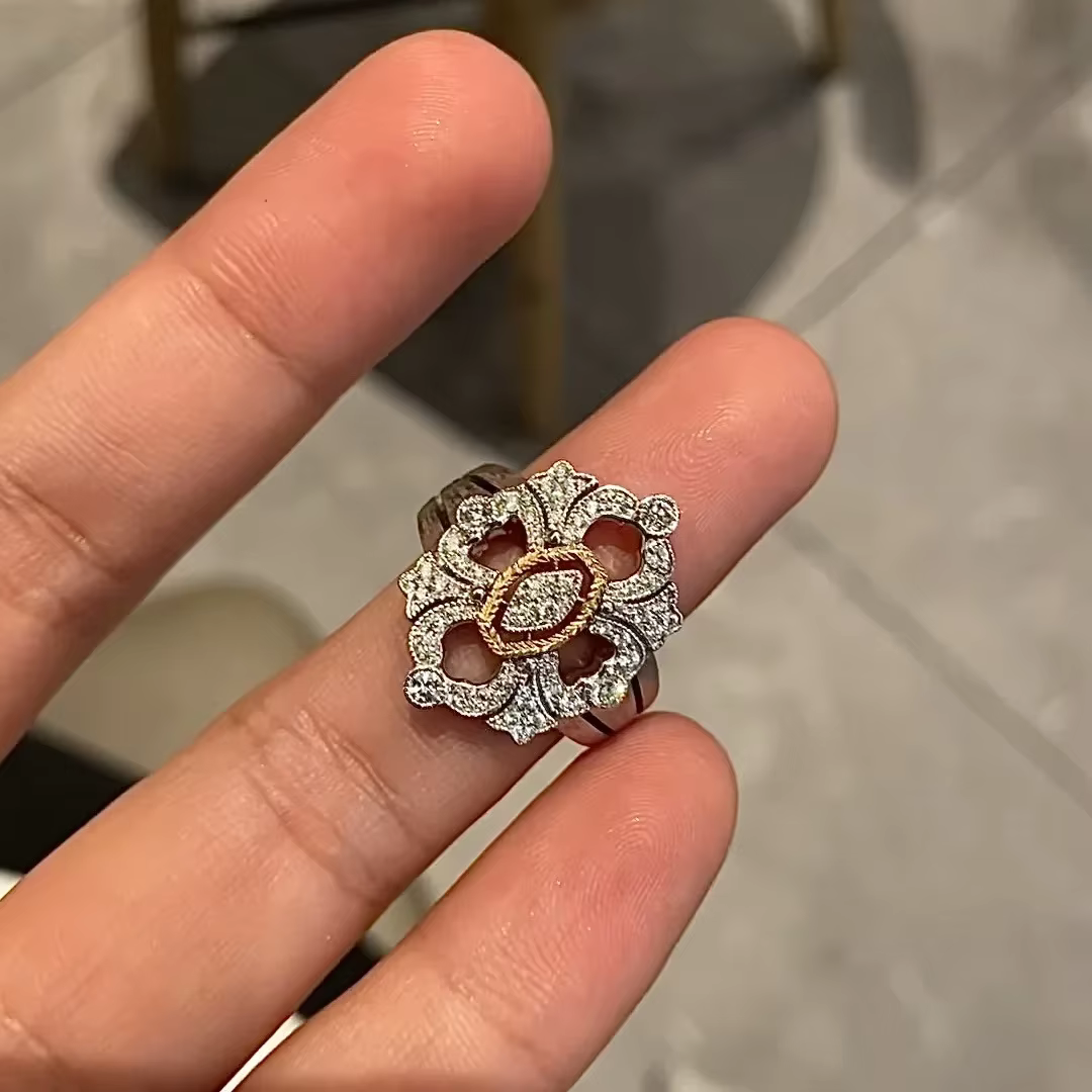 Bague de fiançailles florale en argent 925, unique et belle, en dentelle évidée, exquise, deux tons,