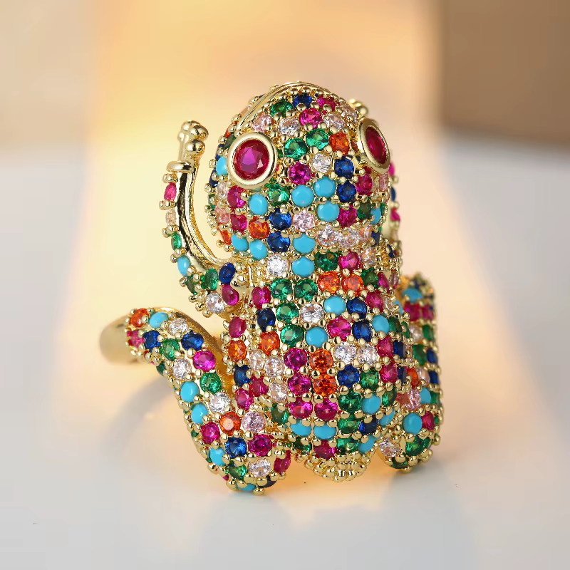 Bague grenouille de luxe incrustée de zircone synthétique colorée étincelante, design personnalisé u