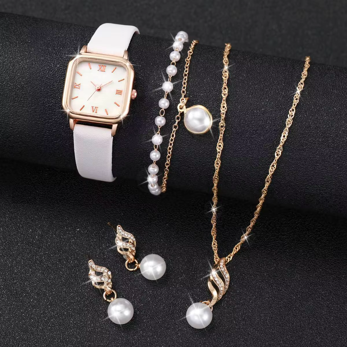 Ensemble de 5 montres à quartz carrées pour femmes, bracelet en cuir, ensemble de bijoux en perles, 