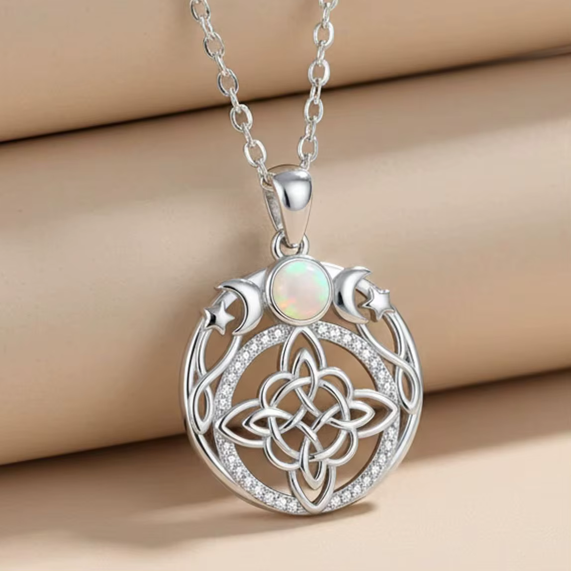 Colliers en argent thaïlandais triple lune déesse nœud de sorcière, pendentifs opale zircons soleil 