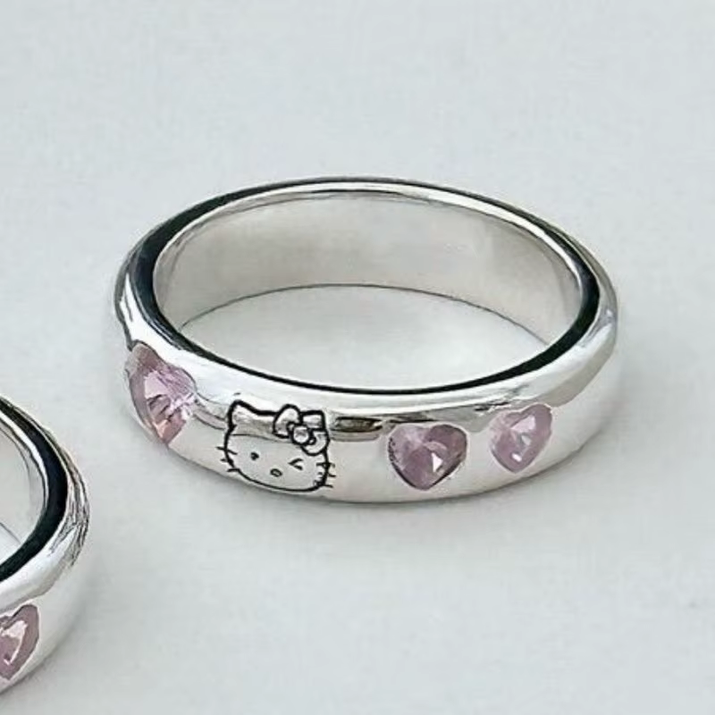 Bague de couple en forme de cœur en zircon, faite à la main, motif dessin animé, Kawaii, accessoires