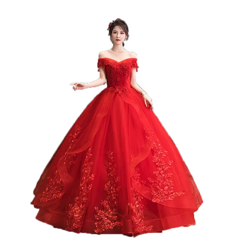 Robe de bal princesse romantique rouge, épaules dénudées, robe de mariée cendrillon avec dos Corset,