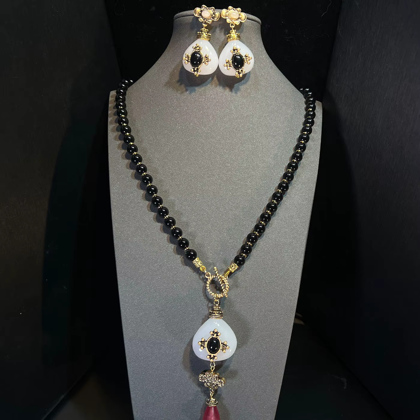 Ensemble collier et boucles d'oreilles vintage en agate à double et simple couche pour femmes