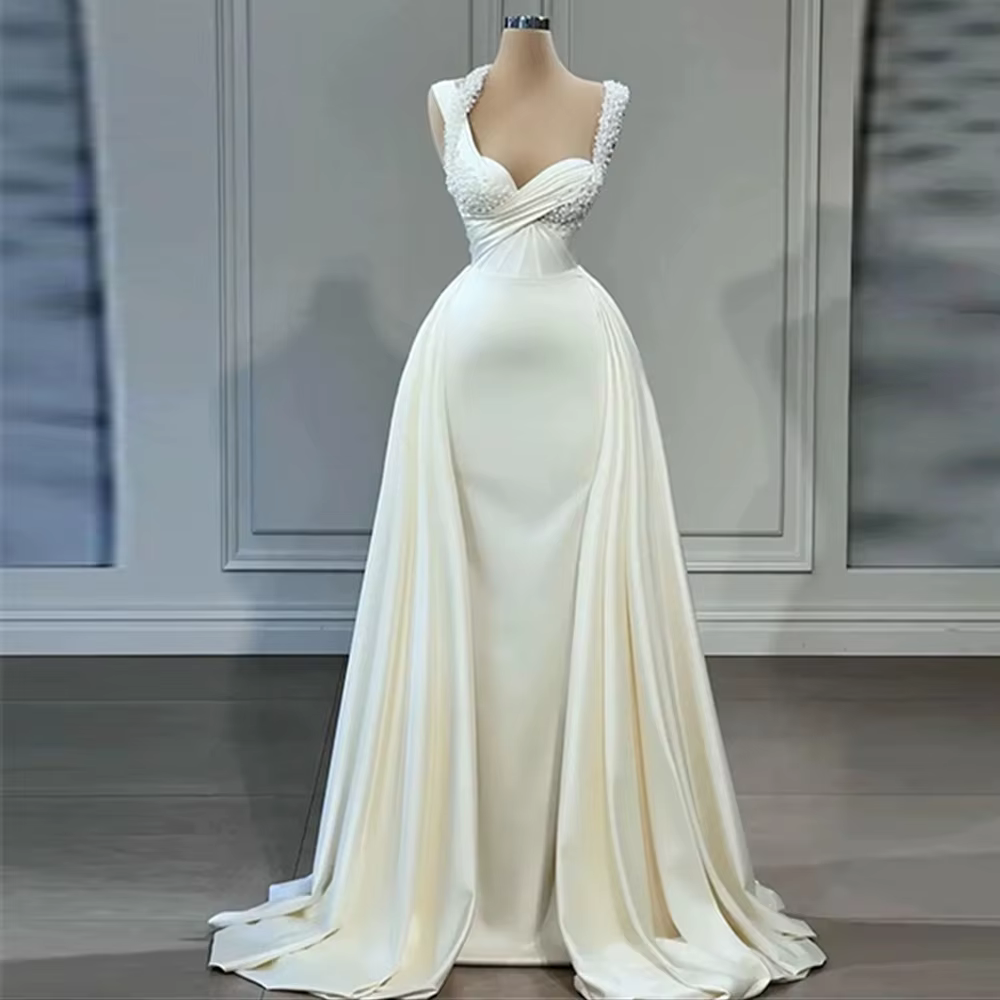 Robes de mariée simples et élégantes pour femmes, col carré, satin, robe de patients, train de balay