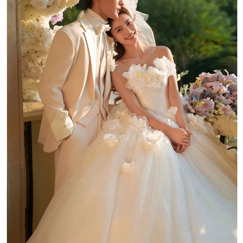 Robe de mariée douce Style féerique, fleur romantique, Sexy, sans bretelles, princesse française, co