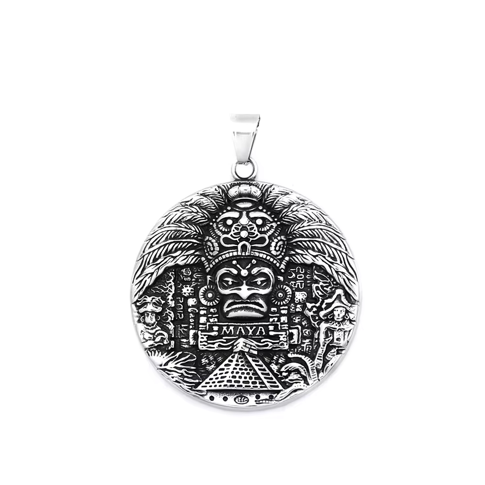 Collier pendentif rétro en acier inoxydable, motif tribal maya, calendrier aztèque, amulette antique