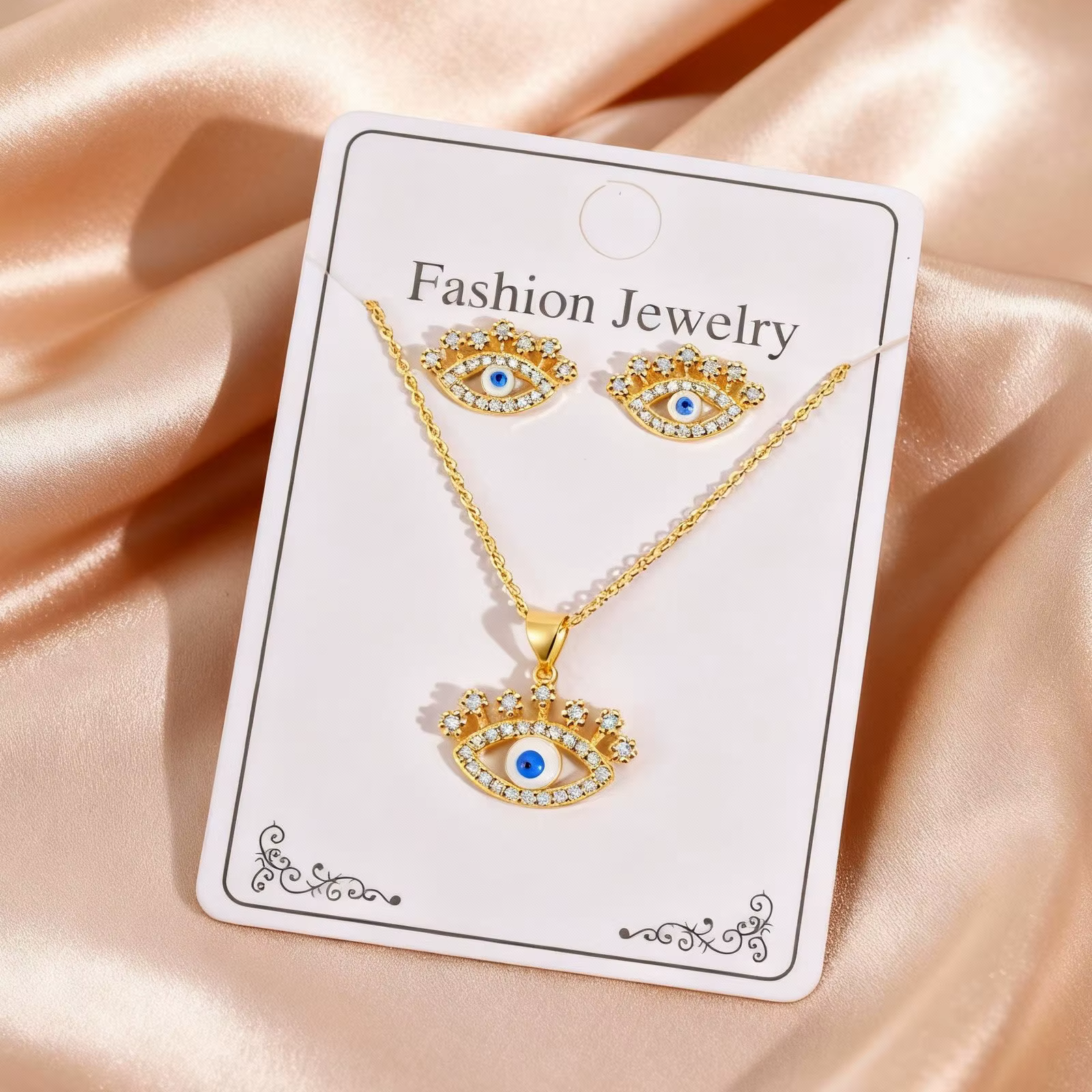 Ensemble de bijoux en zircon de luxe délicat, collier pendentif amulette œil turc bleu et boucles d'