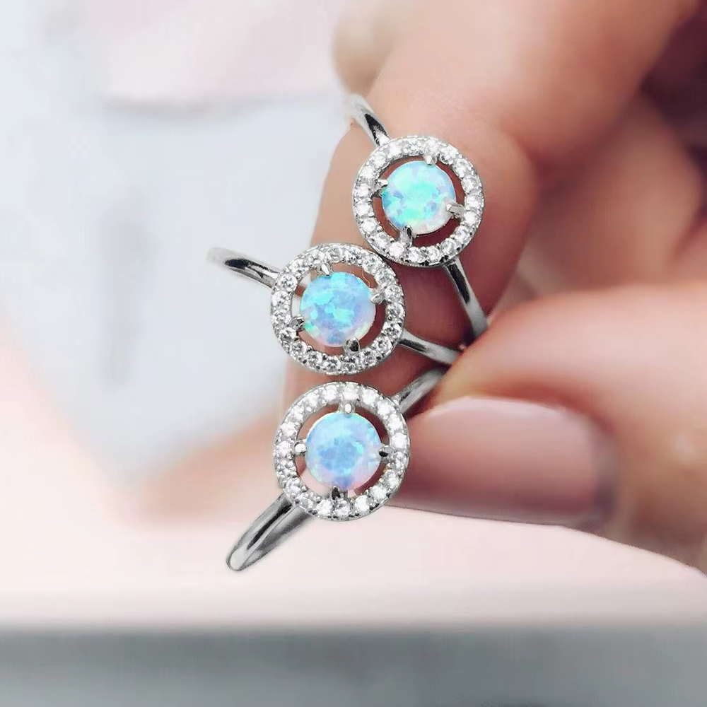 Superbes bagues en pierre d'opale pour femmes, couleur argent, bague ronde Midi, cadeau pour femmes,