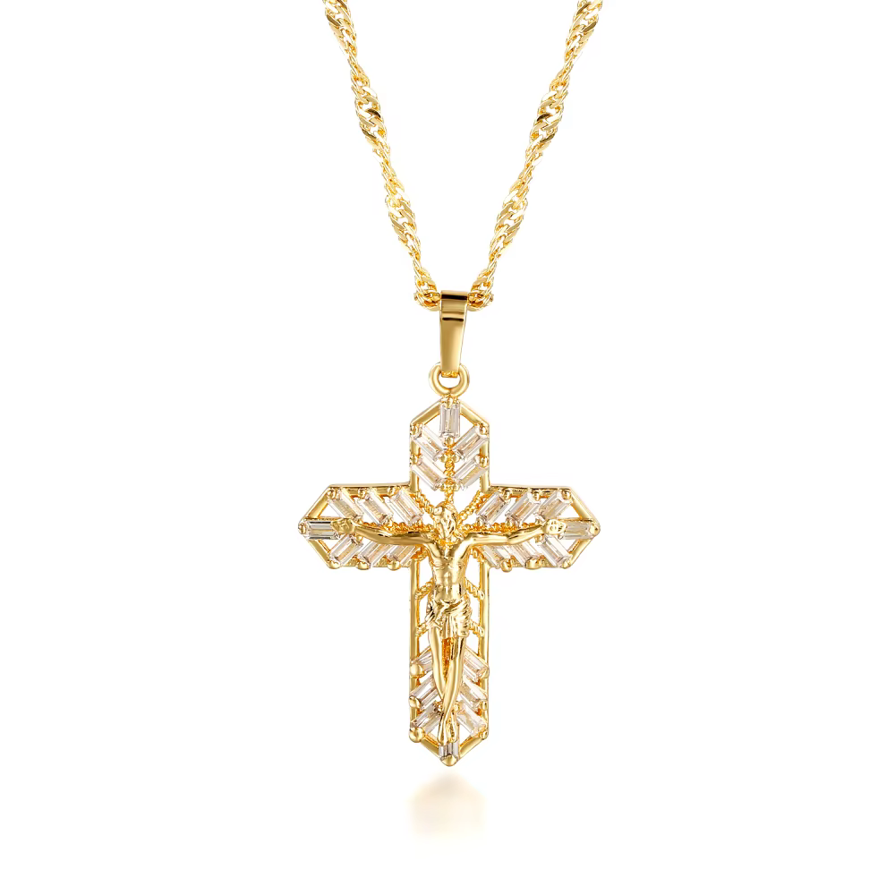 Collier avec pendentif jésus incrusté de vermiculite, étagère croisée, plaqué cuivre, or 14 carats, 