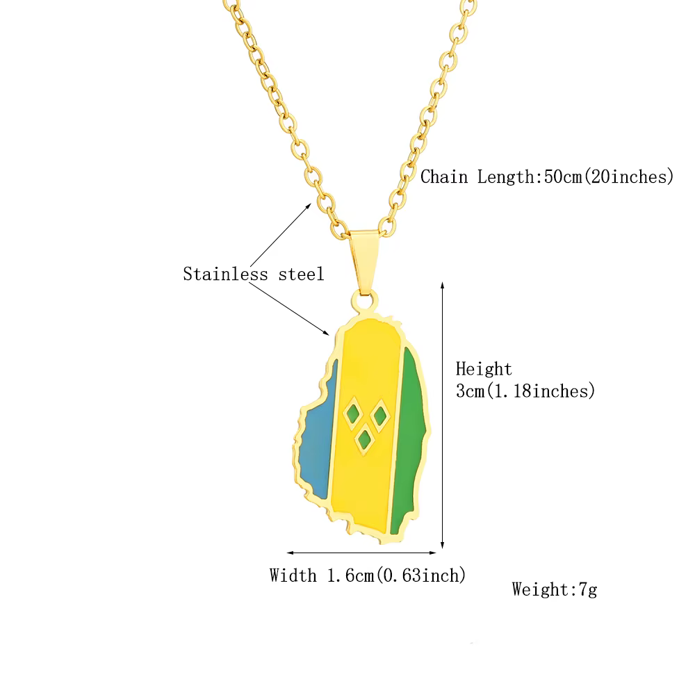 Colliers pendentifs drapeau de la carte de Saint-Vincent-et-les-Grenadines en acier inoxydable, bijo