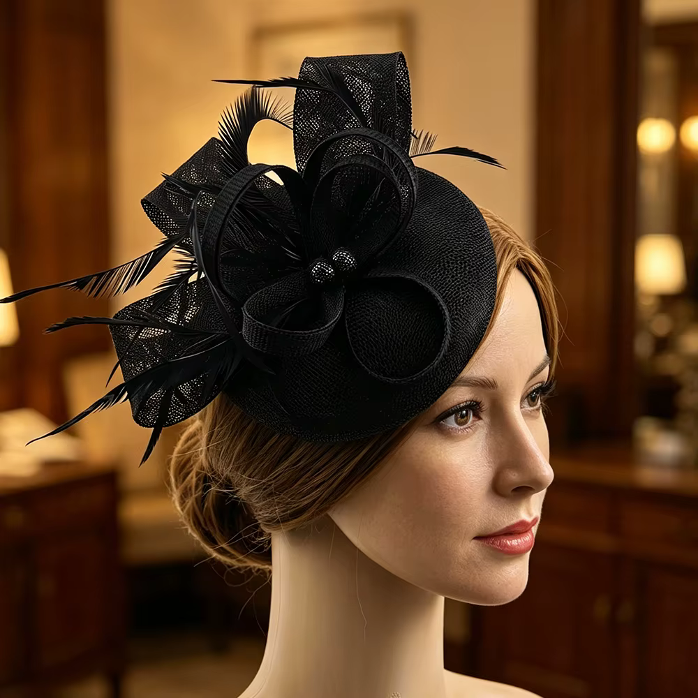 Coiffe de mariée européenne en sinamay en forme de goutte d'eau avec voile et fascinateur à plumes, 