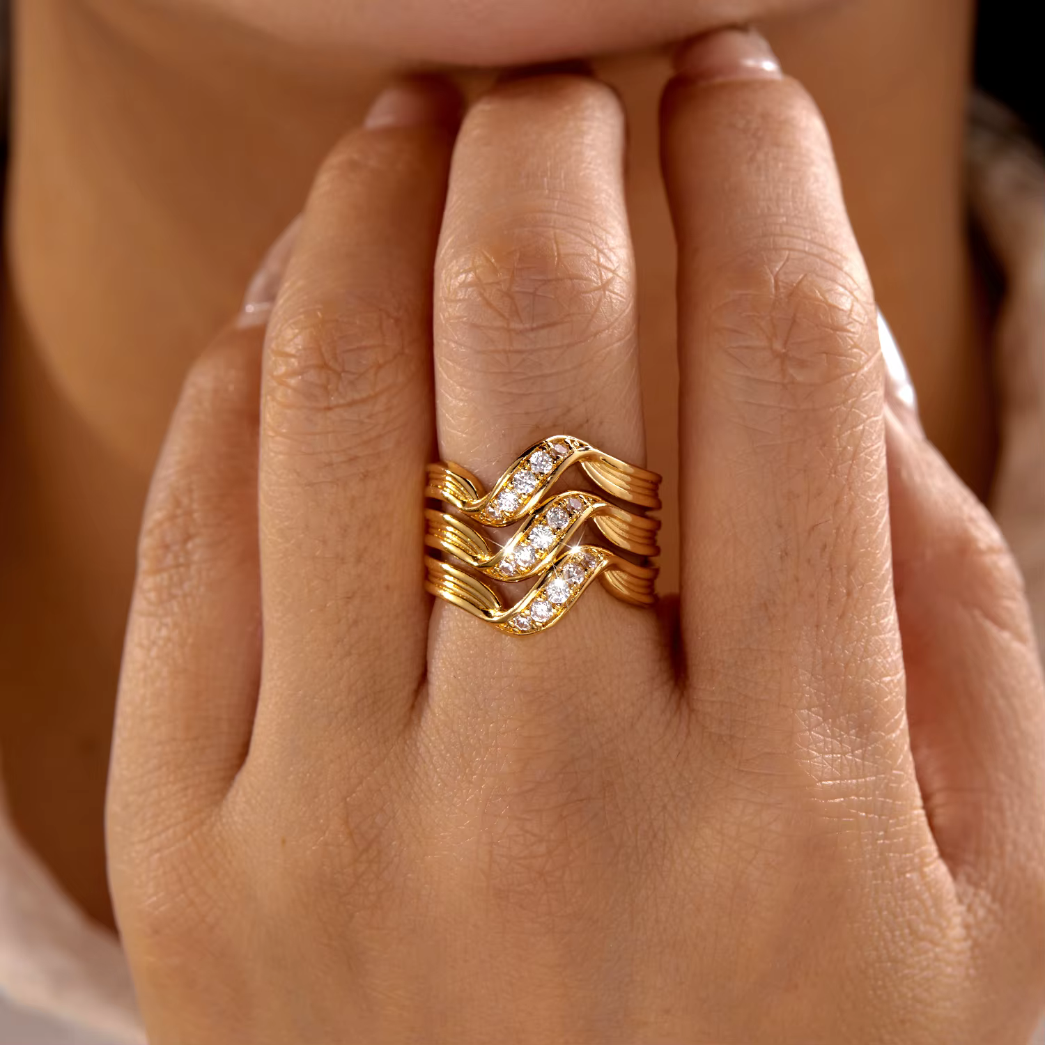 Bague Illusion Tressée Superposée pour Femme en Laiton et Zircon, Multi-rangs Entrelacés, Pavée, Bij