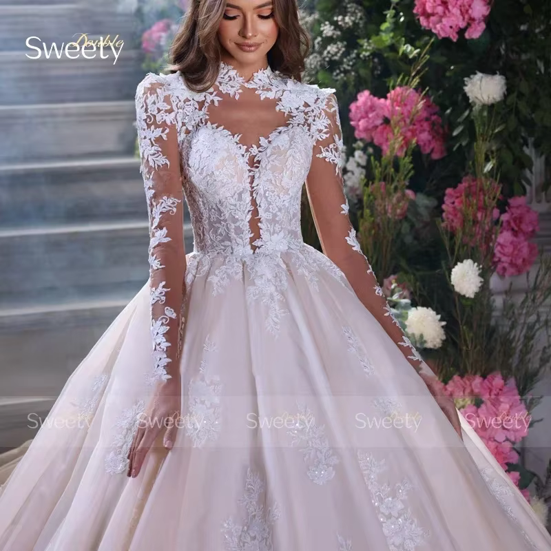 Robe De mariée De luxe en dentelle brodée, avec robe De bal princesse, col haut, manches longues, bo