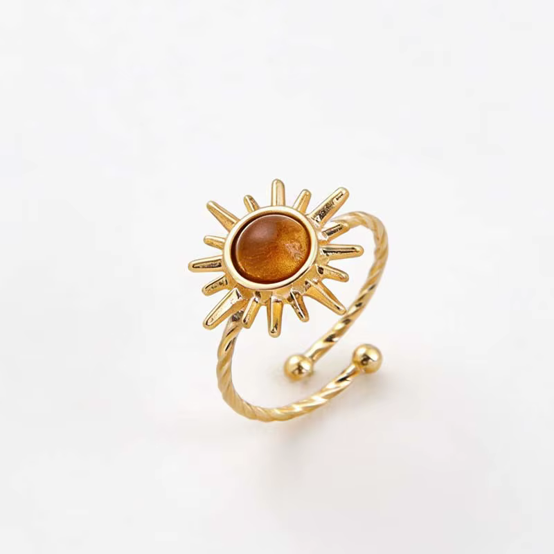 Bagues en pierre d'opale marron vintage pour femmes et filles, document en argent, bague à ouverture