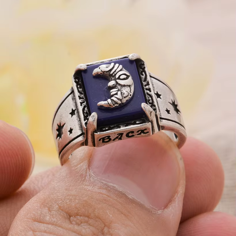 Bague élégante en pierre Lapis Lazuli pour femmes, Design de lune, rétro thaïlandais, argent, bijoux