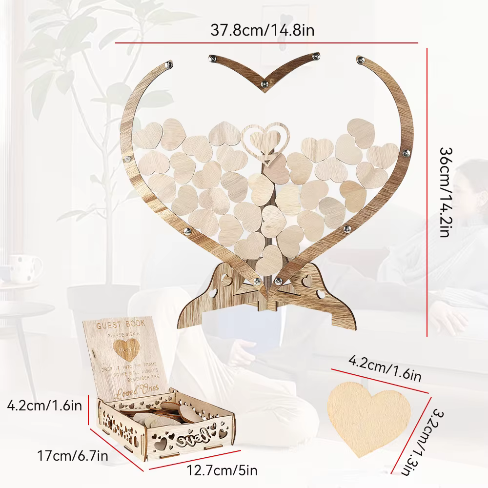 Livre d'or de mariage en bois, livre de messages en forme de cœur, cadre Photo de Table, décoration 