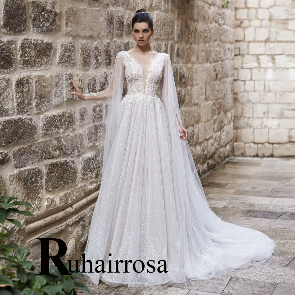 Ruhair robes De mariée glamour a-ligne col rond Appliques bouton Tulle Court Train plissé Robe De so
