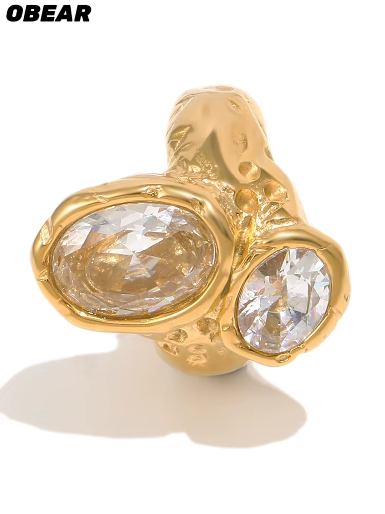 Bague massive irrégulière en acier inoxydable plaqué or avec deux pierres de cristal, bijou audacieu