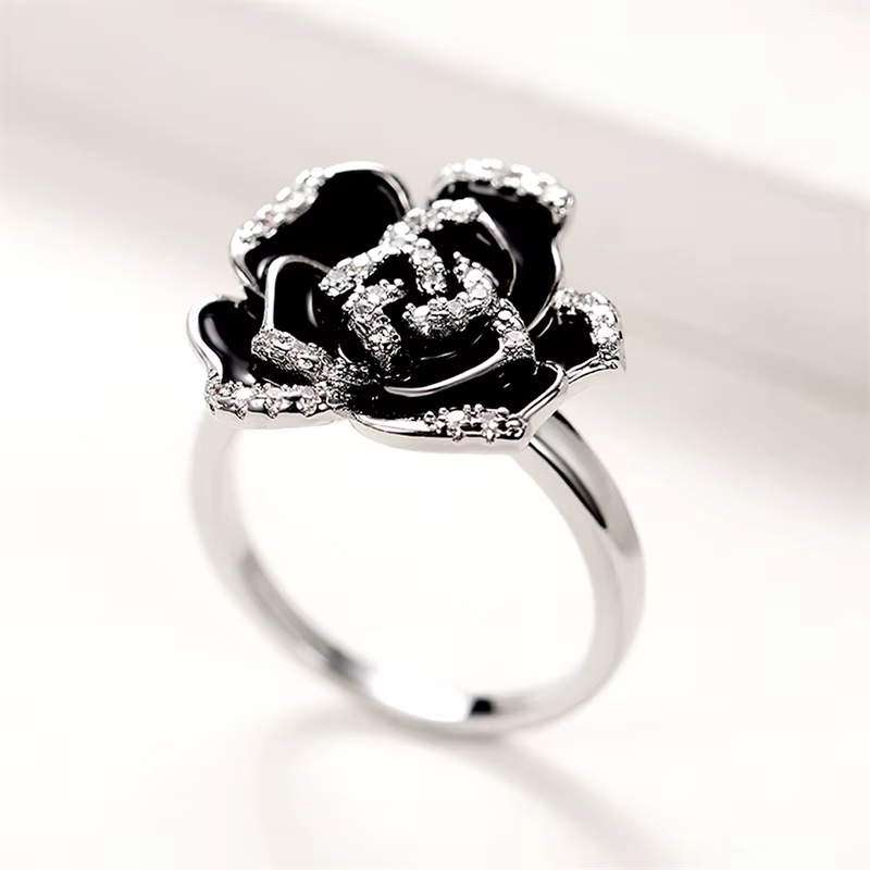 Huitan – bague camélia romantique pour femmes, en émail noir, fleur esthétique, accessoires de fête 