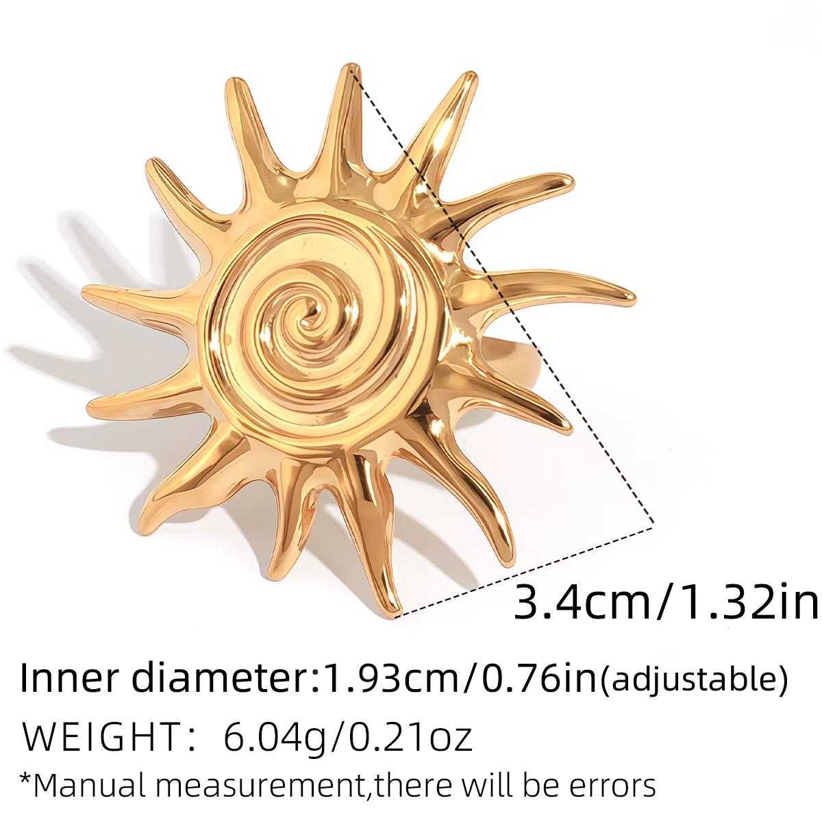 Anneau en spirale de vent d'océan, plaqué or 18 carats, en acier inoxydable, anneau de soleil empila