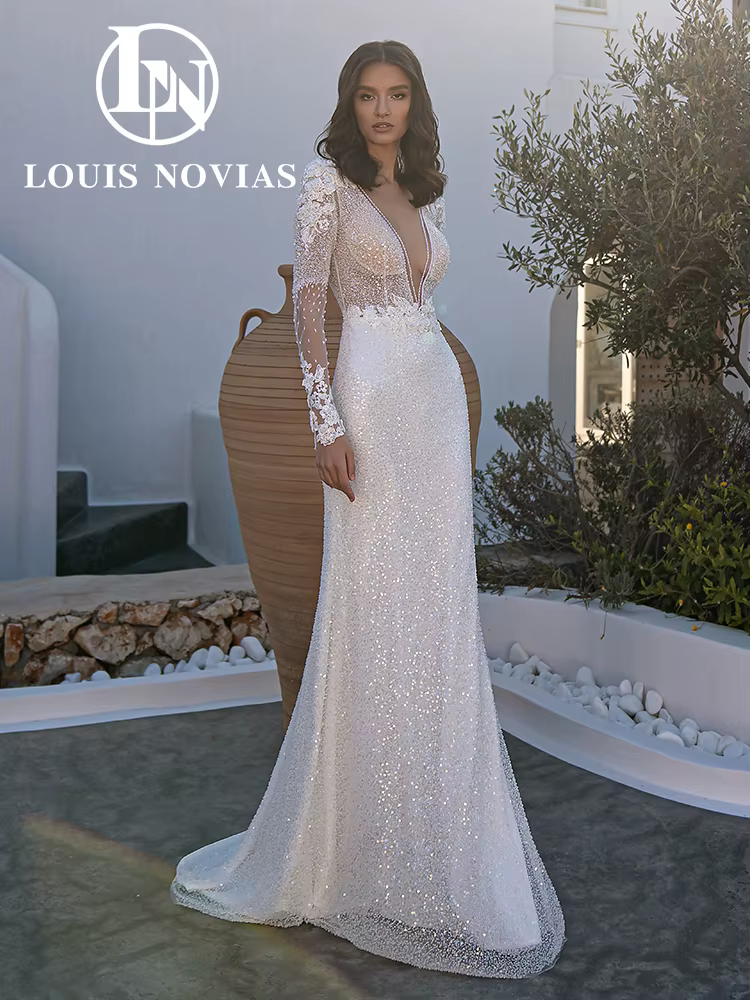 LOUIS NOVIAS robes De mariée sirène col en v Appliques scintillant paillettes semi-transparent robe 