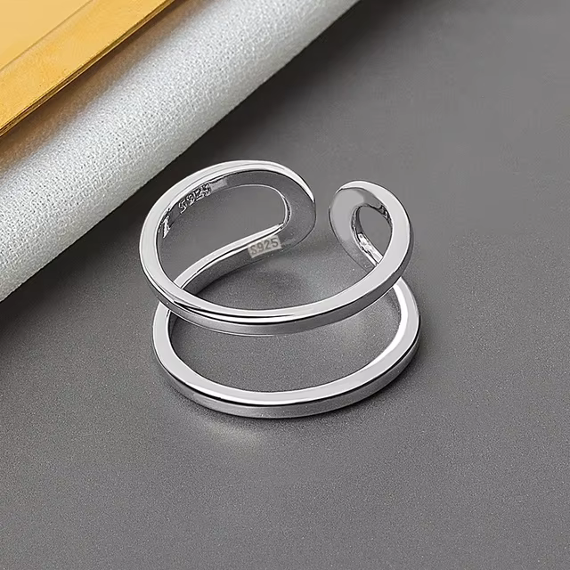 Bague Ouverte en Argent pour Femme, Bijoux Minimaliste INS, Irrégulier, Double Couche, Anniversaire