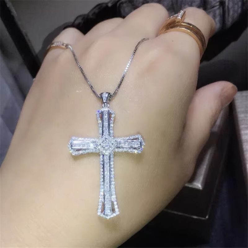 Pendentif croix diamant de laboratoire en or blanc 14 carats pour hommes et femmes, collier de maria