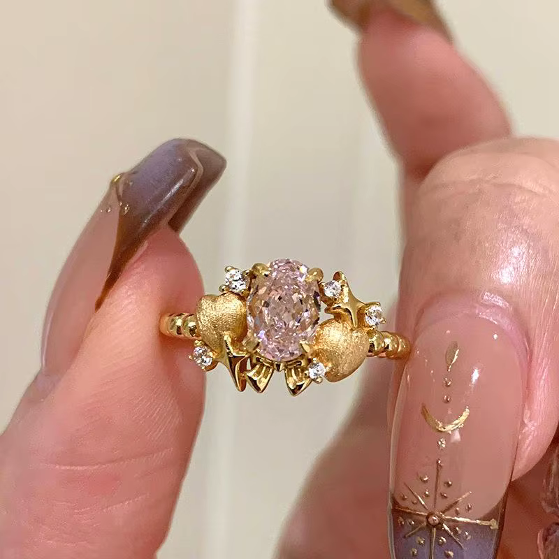 Bague de fiançailles romantique en diamant rose, nouvelle collection rétro, étoile brossée cloutée, 