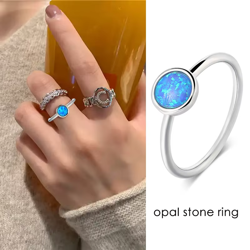 Bagues rondes en opale pour femmes, pierre bleue simple, couleur or blanc, bijoux à la mode pour ann
