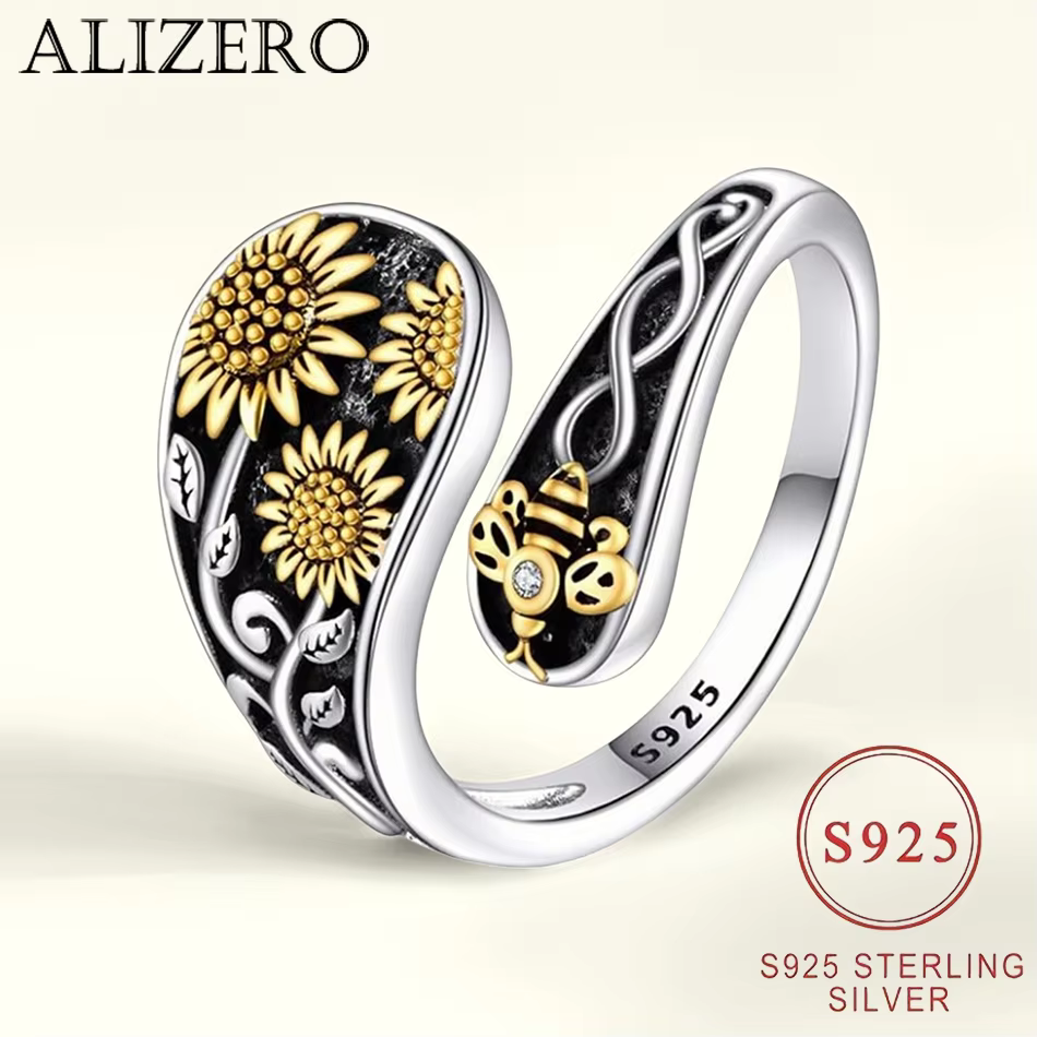 Bague en argent Sterling 925 en forme d'abeille et de tournesol, en Zircon, Design Unique, Style boh