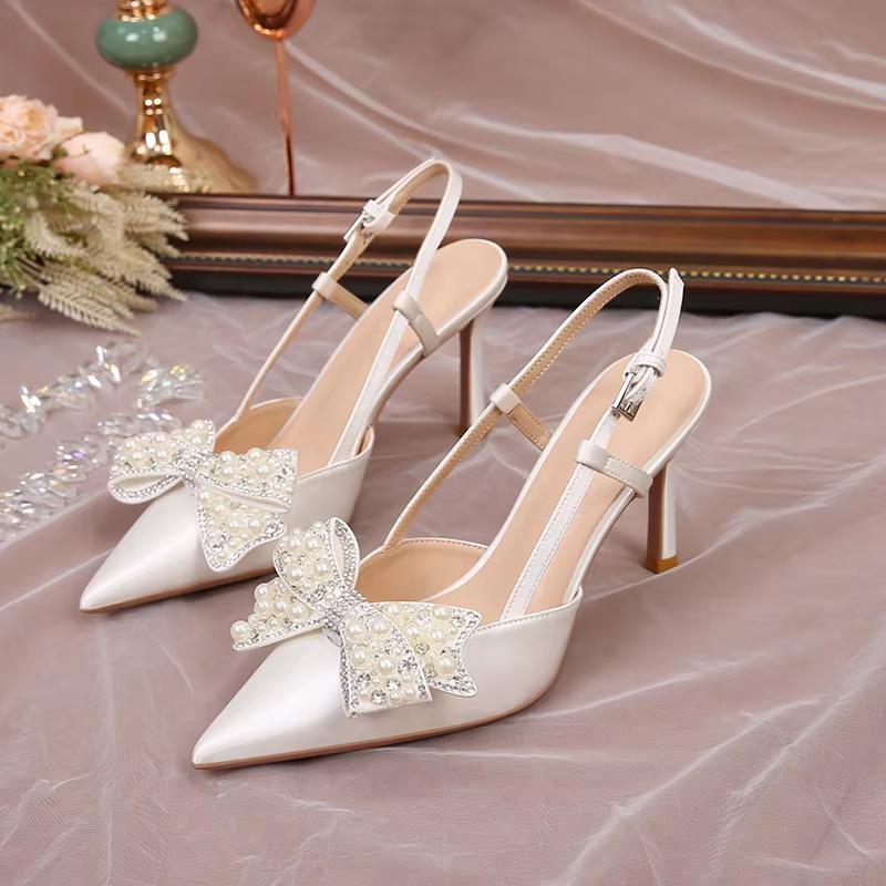 Escarpins à talons hauts blancs pour femmes, sandales d'été 2025, chaussures de mariage avec nœud pa