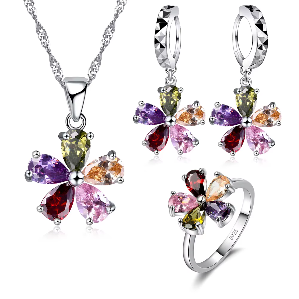 Pendentif collier cerceau boucles d'oreilles bague ensemble de bijoux 925 en argent Sterling couleur