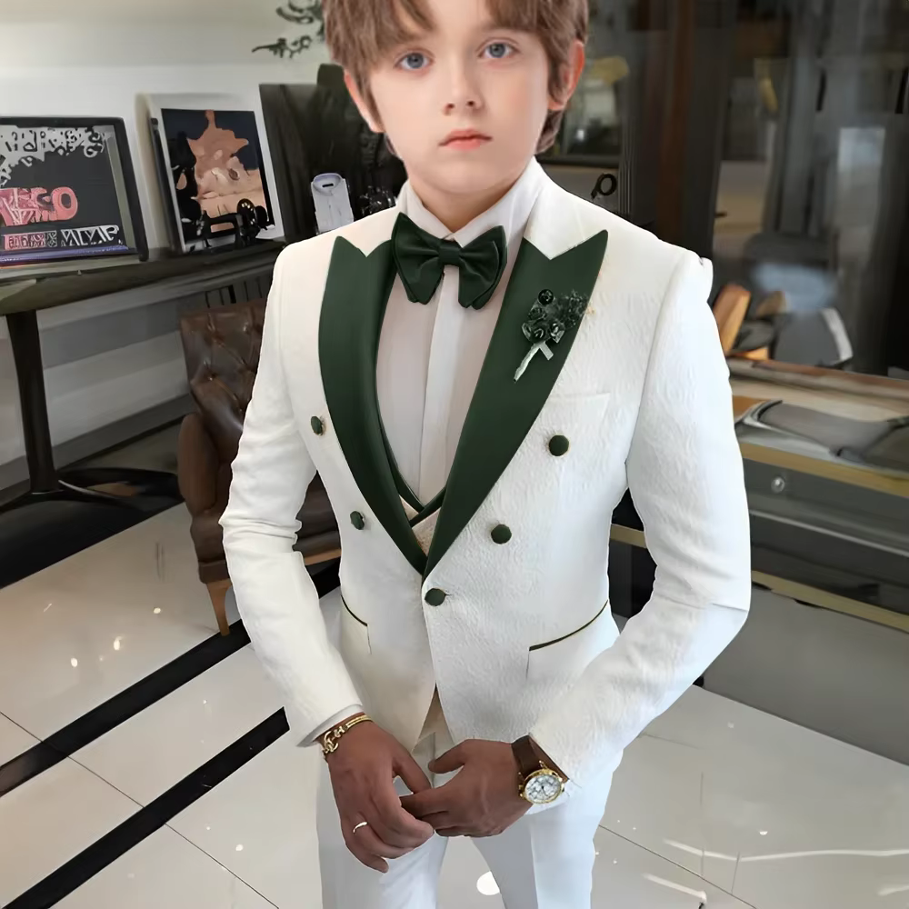 Tuxedo de mariage à fleurs blanches pour garçons, 3 pièces, costumes Jacquard, Double boutonnage, De