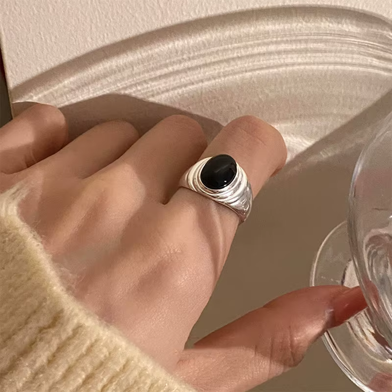 Bague en argent Sterling 925 pour femmes, pierre noire Unique, bijoux, doigt réglable, ouvert, Vinta