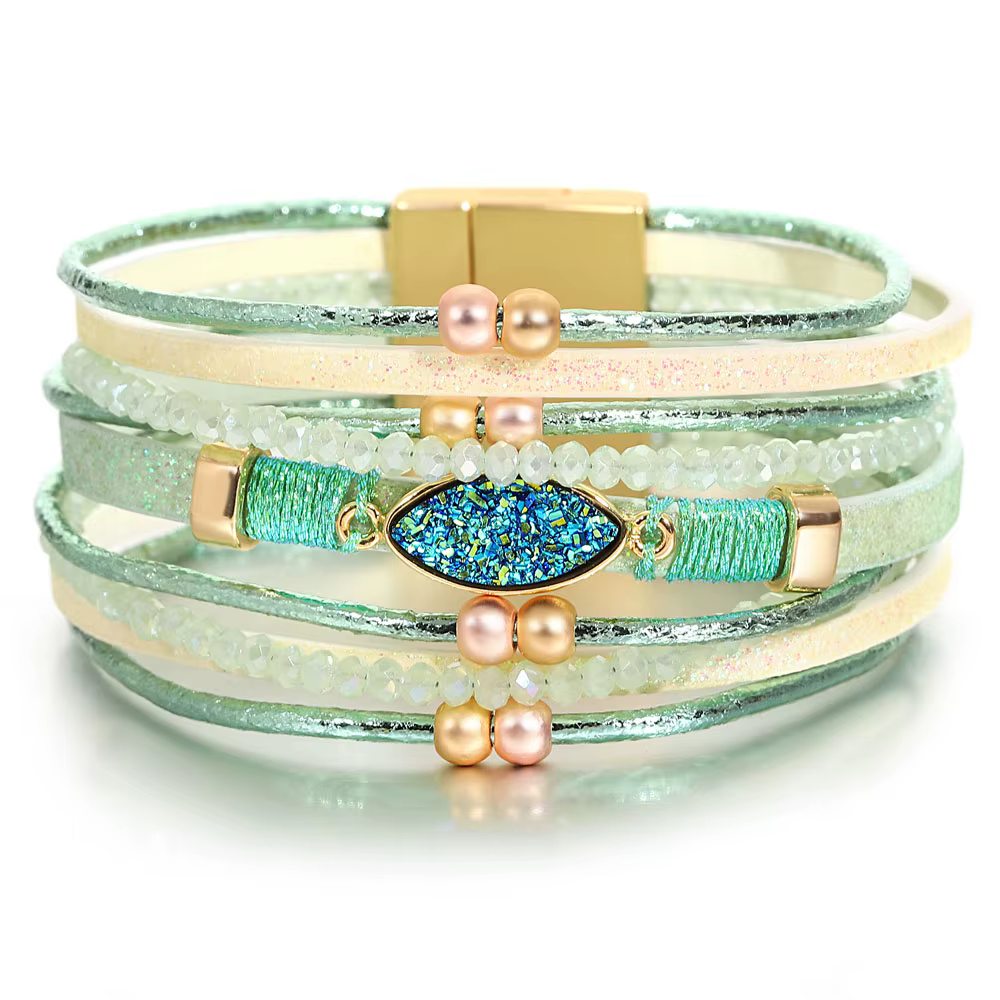 ALLYES Boho résine pierre tressé Bracelet en cuir pour femmes perles de cristal multicouche Wrap lar