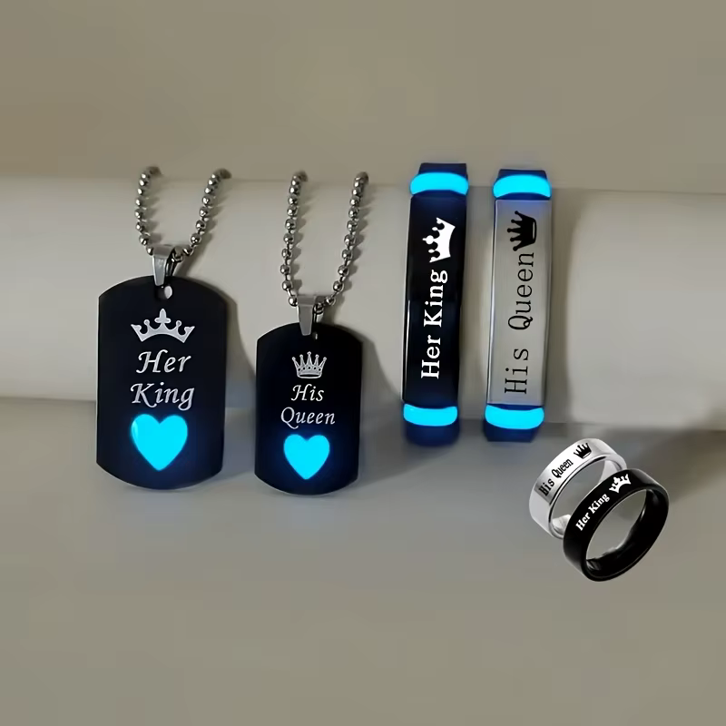 Ensemble de bijoux lumineux en acier inoxydable pour femmes, couronne de roi et de ses reine, collie