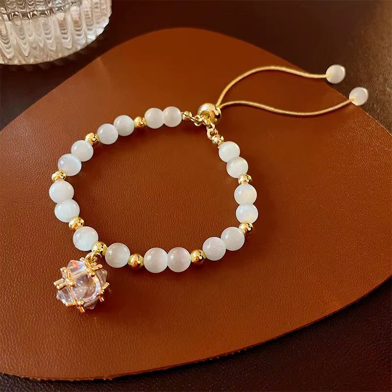 Bracelet en perles de pierre œil de chat pour femme, avec pendentif en cristal et strass, exquis, ré