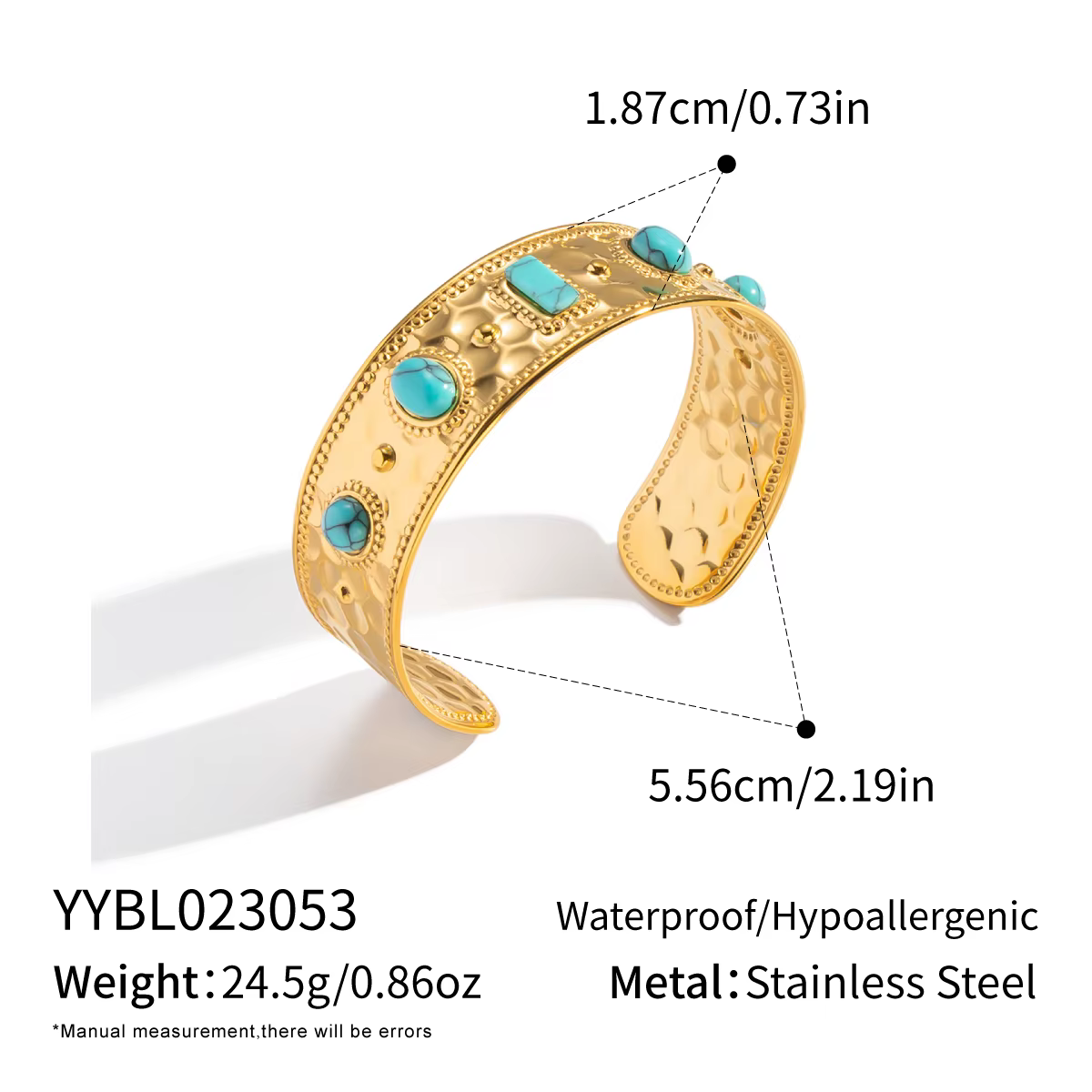 Bracelet ouvert large en turquoise Miia Vintage Charm pour femmes, plaqué or 18 carats, acier inoxyd