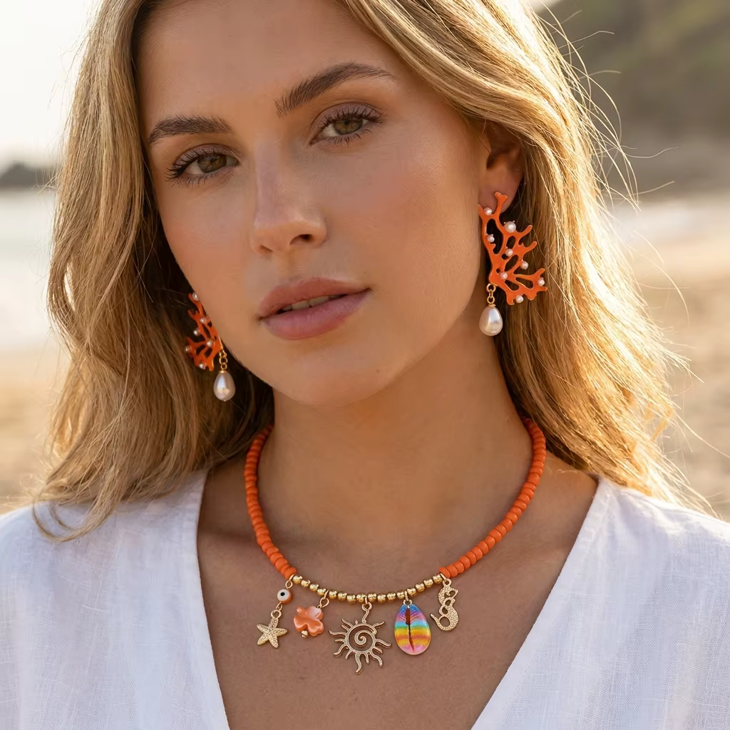 Ensemble collier et boucles d'oreilles bohèmes en corail orange et perles pour femme, idéal pour les
