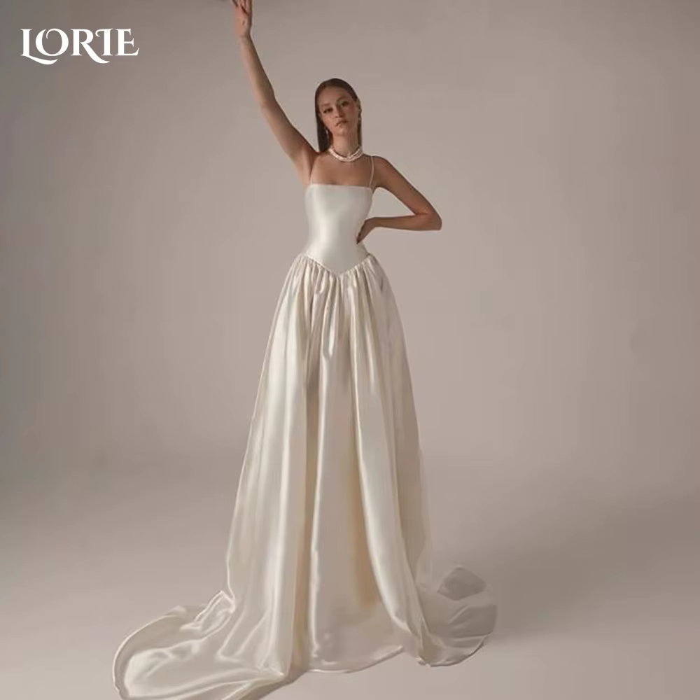 LORIE Vintage robes de mariée Spaghetti bretelles brillant Satin a-ligne ivoire robe de mariée plis 