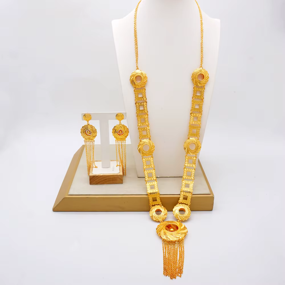 Ensemble de bijoux en or de Dubaï pour femmes, collier long pendentif, boucles d'oreilles rondes, bi