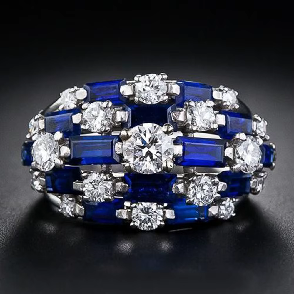 Huitan – bague tendance pour femmes, avec CZ bleu/blanc, entièrement scintillante, large, pour fête,