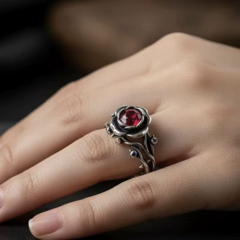 Nouvelle bague en alliage écologique 2026 - Rose épine rouge diamant style rétro européen américain 