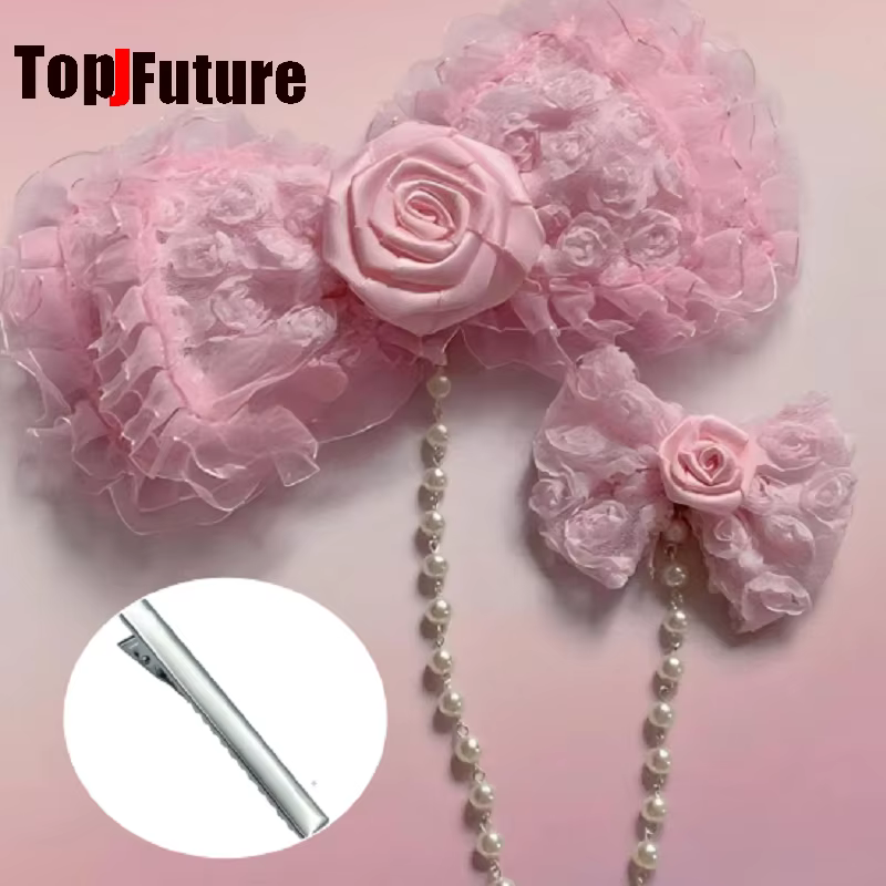 Pince à cheveux latérale style Hime Y2K Gyaru rose avec nœud et chaîne de perles, accessoire mignon 