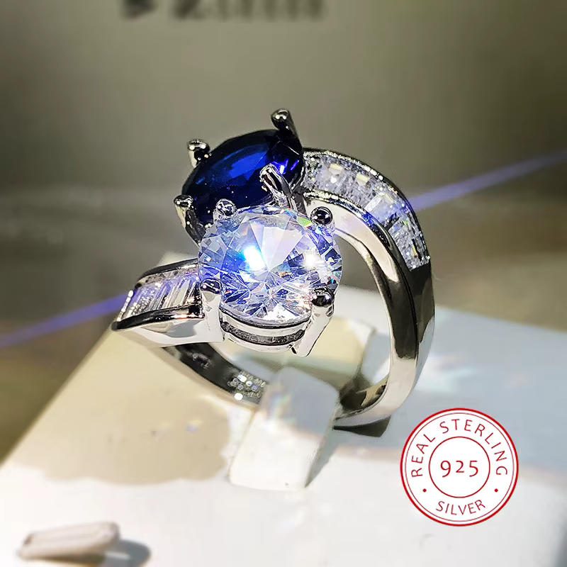 Bague ouverte en pierre précieuse de cristal bleu et blanc pour femme, design de niche créatif, lumi