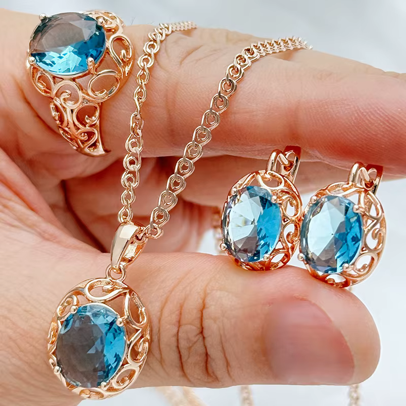 Kinel – ensemble de bijoux en Zircon naturel bleu brillant pour femmes, bague, boucles d'oreilles, c