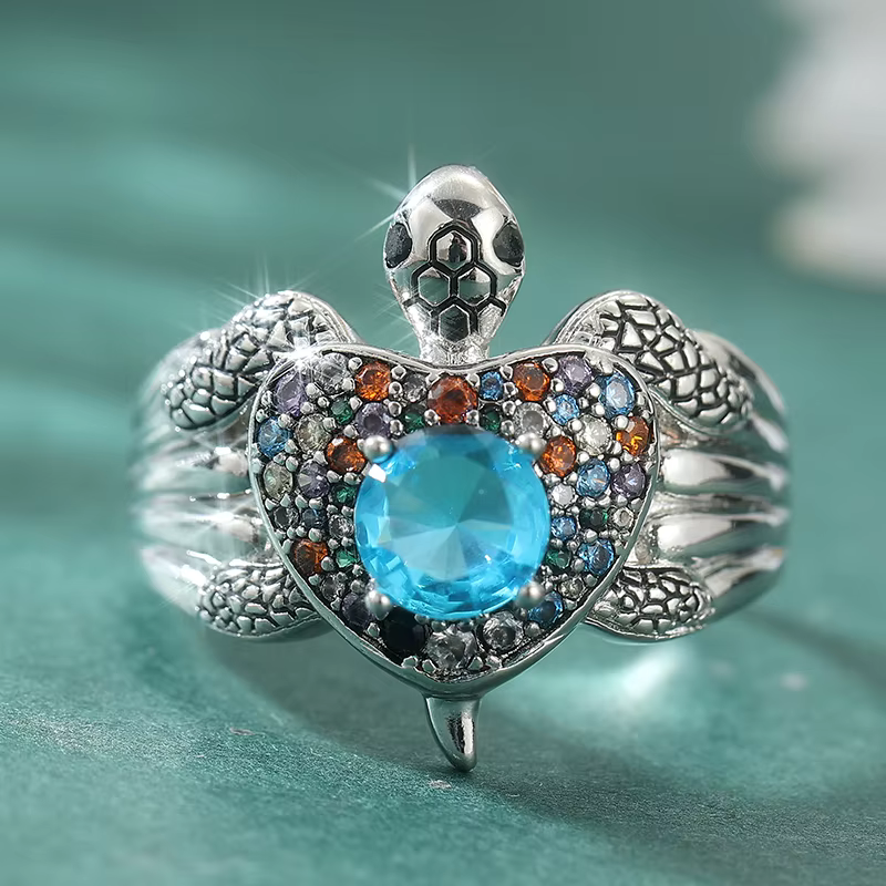 Bague Vintage Personnalisée en Zircon Synthétique Coloré, Tortue Argentée, pour Femme, Bijou Créatif