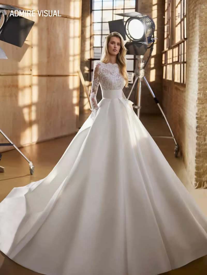 Robe de Mariée Trapèze à Col Bateau et Manches sulf, Vêtement Éducatif sur Mesure avec Long Dos Ouve